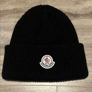 Moncler Black Rib Knit Logo Cuff Beanie